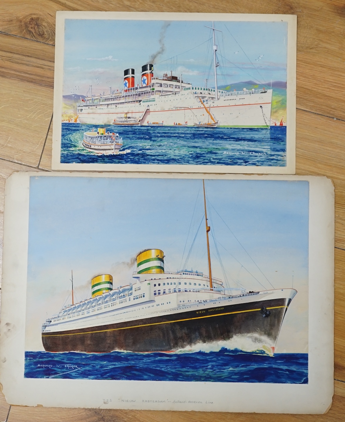 Bernard W. Church (20th. C), two original watercolours for postcard designs, ocean liners, ‘Arandora Star, Blue Star Line’ & ‘Nieuw Amsterdam, Holland America Line’, each signed, unframed, largest 30 x 42cm. Condition -